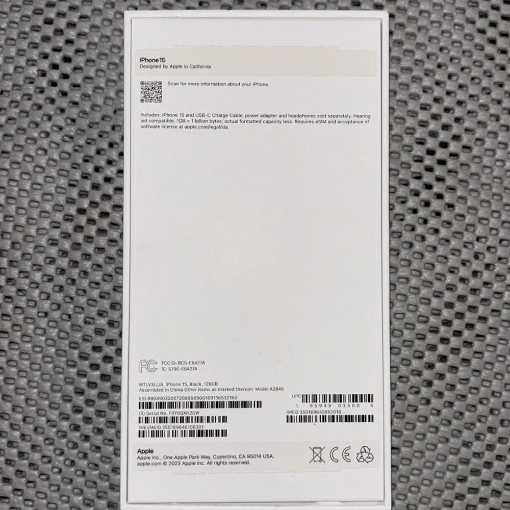 Apple iPhone 15 Black 128 GB Box Only Empty